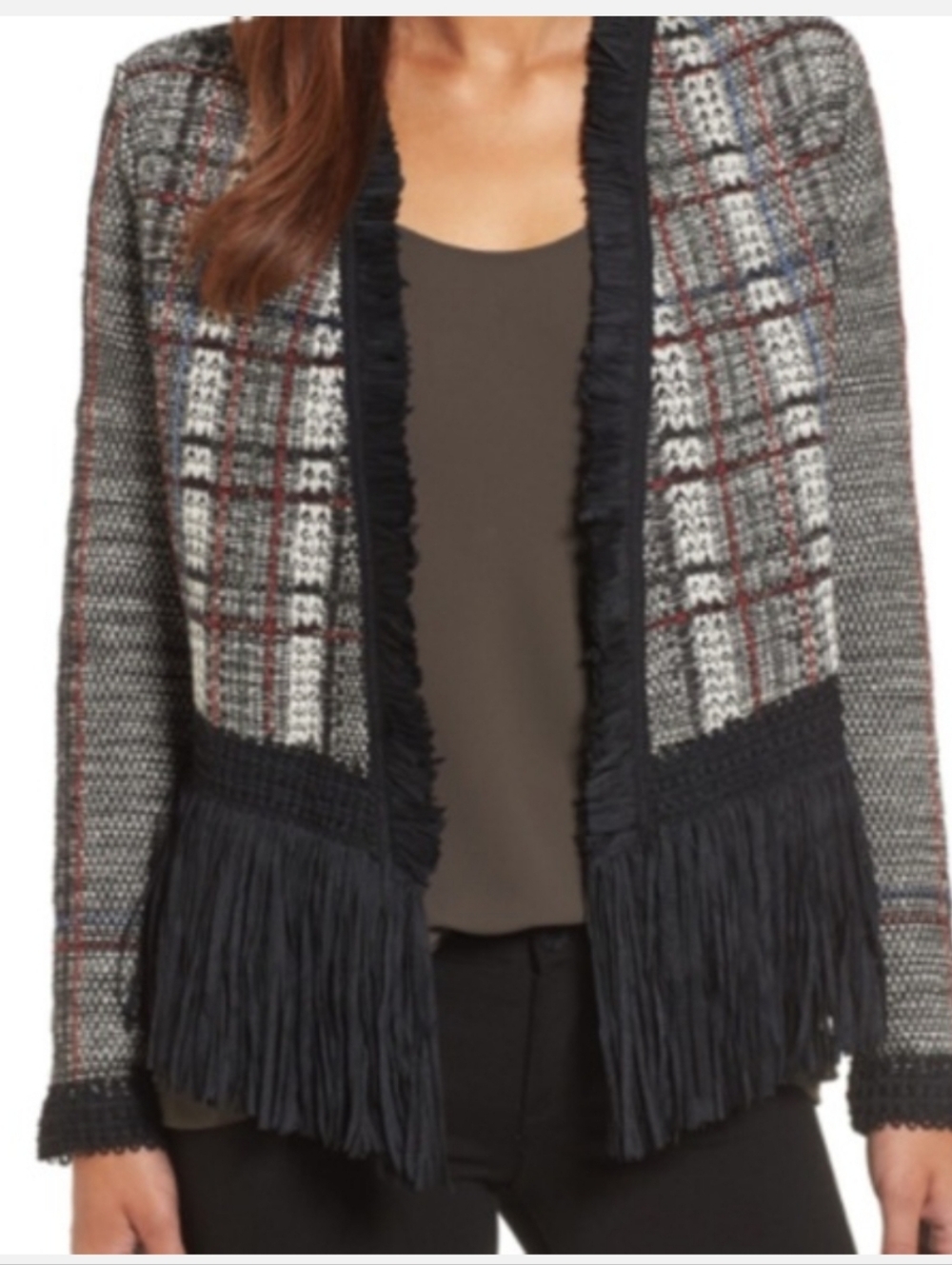 NIC+ZOE Black, White & Red Plaid Fringe Jacket_Small